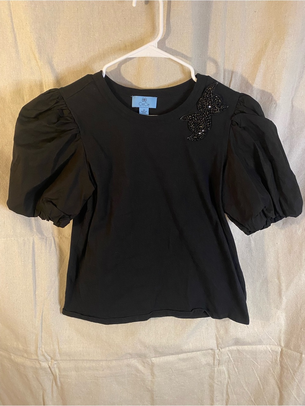 CeCe Black Puff Sleeve Top with Beaded Applique